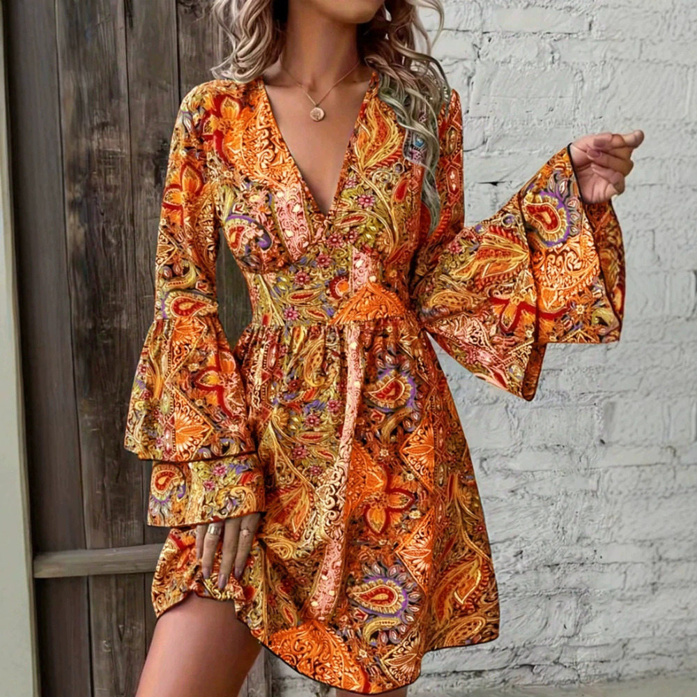 ZARA Vintage Printed Long Sleeve Lantern Sleeve Dress with Collar